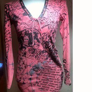 T R   Pink Knit Top Faux Leather Trim Size S